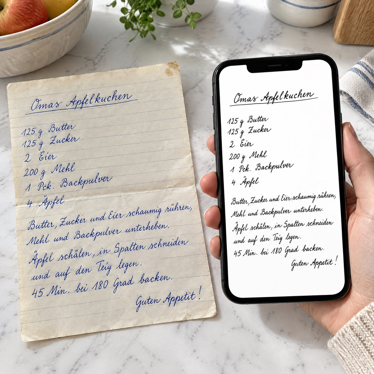 Originalrezept neben dem Smartphone mit der fertig umgewandelten Handschrift für die Gravur